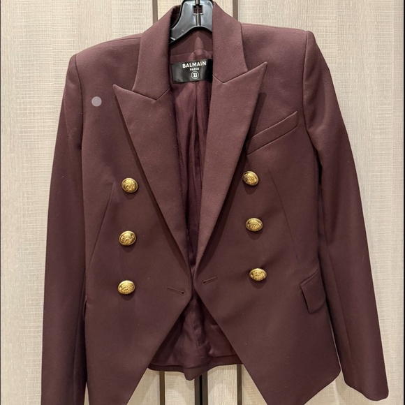 Balmain Classic Double Breasted 6-Button Wool Jacket Maroon